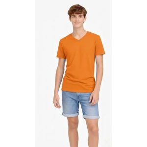 Genç Erkek Çocuk V Yaka Tişört Yazlık Model Günlük Basic Body - Turuncu