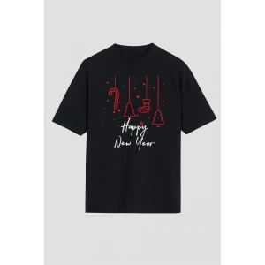 Happy New Year Baskılı T-shirt - Siyah