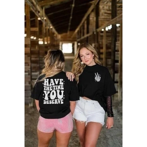 Kadın Bisiklet Yaka Kısa Kol Baskılı T-shirt - Siyah