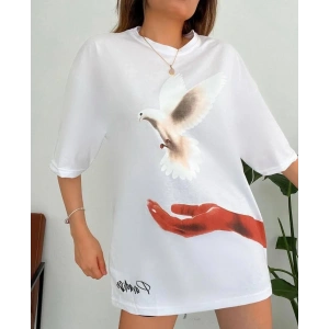 Kadın Dijital Baskılı T-Shirt - Beyaz