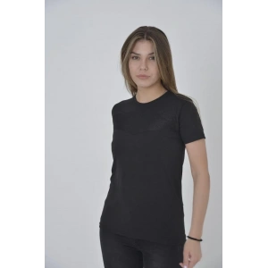 Kadın Gögüs Fileli Slim fit T-shirt - Siyah
