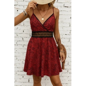 Kadın Ip Askılı Kruvaze Yakalı Desenli Mini Süprem Mini Elbise