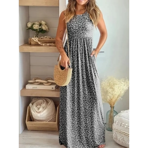 Kadın Kalın Askılı Yuvarlak Yaka Cepli Süprem Maksi Elbise