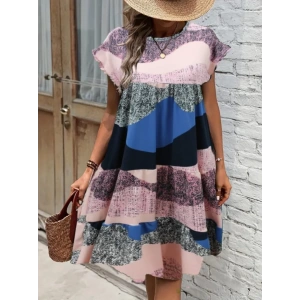 Kadın Kısa Kollu Bisiklet Yaka Kare Desenli Dalgıç Elbise