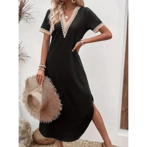 Kadın Kısa Kollu Dantel V Yakalı Uzun Viskon Elbise