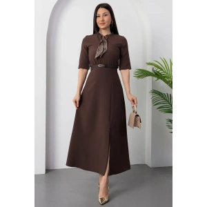 Kadın Kısa Kollu Fular Ve Kemer Detay önden Yırtmaçlı Maxi Boy Elbise