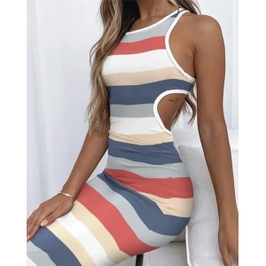 Kadın Kolsuz Bel Dekolte Detay şerit Desenli Pegasus Kumaş Elbise