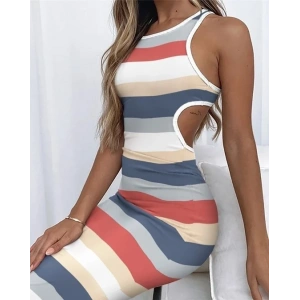 Kadın Kolsuz Bel Dekolte Detay şerit Desenli Pegasus Kumaş Elbise