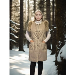 Kadın Kolsuz Hakiki Deri Kürk - Krem