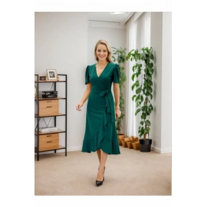 Kadın Kruvaze Yaka Midi Boy Kuşaklı Krep Elbise 120 Cm