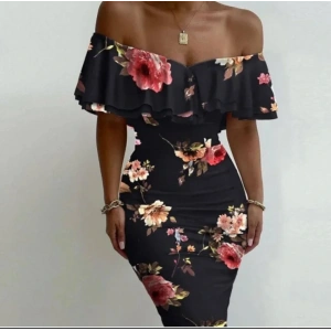 Kadın Madonna Yaka çiçek Baskılı Volan Detay Kalem Elbise