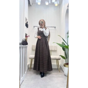 Kadın Omuz Askılı Full Ekose Detay Elbise