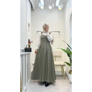 Kadın Omuz Askılı Full Ekose Detay Elbise