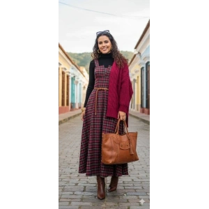 Kadın Omuz Askılı Full Ekose Detay Elbise