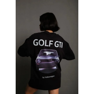 Kadın Oversize Baskılı Tişört – Golf GTI Retro Araba Desenli, Ön & Arka Dijital Baskı, Sokak Modası Stil - Siyah