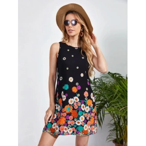 Kadın Sıfır Kollu Bisiklet Yaka çiçek Desenli Süprem Mini Elbise