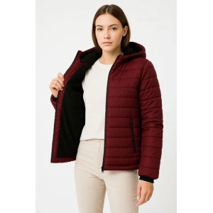 Kadın Şişme Kapüşonlu Fermuarlı Mont Su itici Kapitone Astarlı Kumaş Cepli Kışlık Rahat Kalıp - Bordo