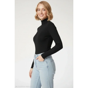 Kadın Tam Boğazlı Fitilli Likrali Kaşkorse Badi İnce Uzun Kollu Kazak - Siyah