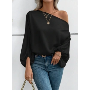 Kadın Tek Omuzu Açık Uzun Kollu Salaş Sandy Bluz