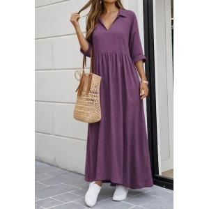 Kadın Truvakar Kollu V Yakalı Yırtmaçlı Uzun Aerobin Elbise