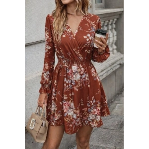 Kadın Uzun Kollu Kruvaze Yakalı çiçek Desenli Mini Süprem Elbise
