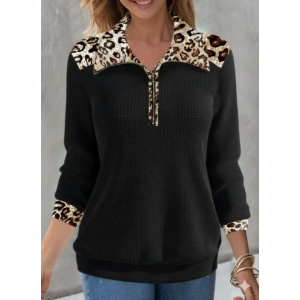 Kadın Uzun Kollu Leopar Yakalı Fermuarlı Waffle Bluz