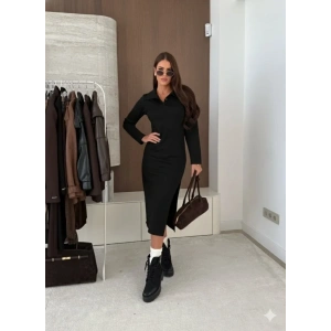 Kadın Uzun Kollu Yakalı Yandan Yırtmaçlı Midi Modal Elbise