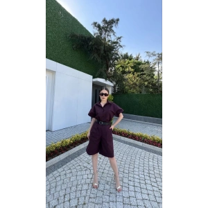 Kadın Yakalı Gömlek Kemerli Şortlu Takım - Bordo
