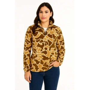 KADIN Yarım Fermuarlı Desenli Polar Sweat Yakalı, Uzun Kollu, Oversize Rahat Kalıp - Kahverengi