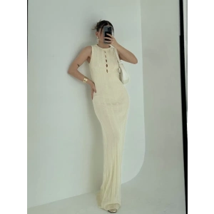 Kalın Fitilli Uzun Triko Elbise - Kırık Beyaz