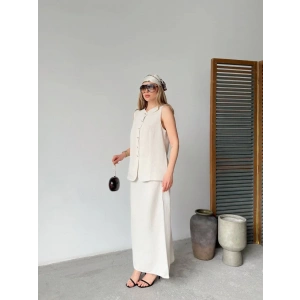 Keten Kolsuz Sıfır Yaka İlik Düğmeli Kolsuz Hırka Etek ikili Takım- Beyaz