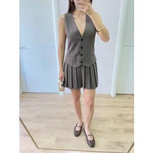 Keten Takım Görünümlü Düğme Detaylı Yelekli Mini Elbise - Füme