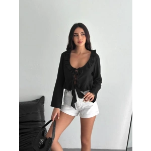 Keten Uzun Kol Bağacık Detaylı Bluz - Siyah