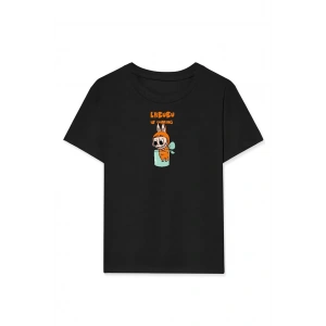 Kız Labubu Çocuk Baskılı T-Shirt - Siyah