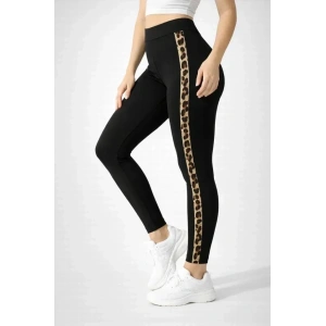 Likralı Yan Leopar Şeritli Detaylı Tayt - Siyah