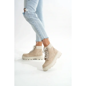 LMÇ-2045 Bej Süet Bağcıklı Kalın Taban Kadın Günlük Bot