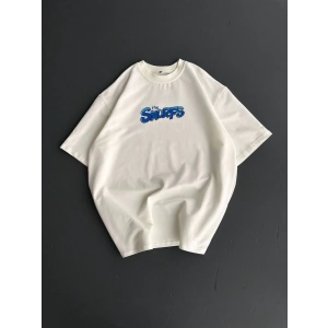 Ön ve Arka Baskılı Oversize Bisiklet Yaka T-shirt- Beyaz