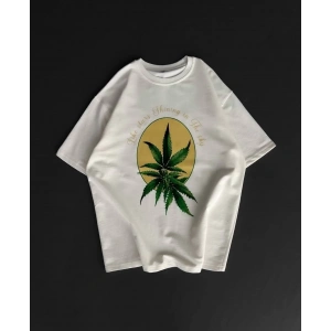 Ön ve Arka Baskılı Oversize Bisiklet Yaka T-shirt- Beyaz