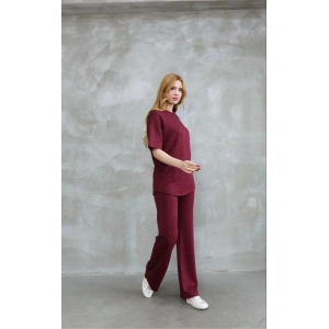 Osy Modal Yumuşak dokulu Kumaş Bisiklet Yaka Taş detaylı Kısa Kollu Takım - Bordo