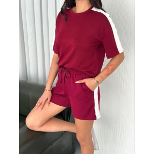 Osy Modal yumuşak dokulu Kumaş Kadın Parçalı Bisiklet Yaka T-shirt Kısa Şort İkili Takım - Bordo
