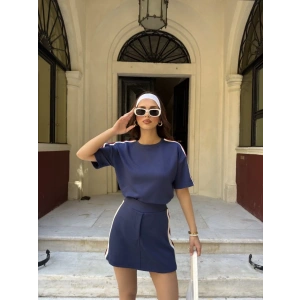 Osy Modal yumuşak dokulu Kumaş Kadın Parçalı Bisiklet Yaka T-shirt Mini Şortlu Etek İkili Takım -Lacivert