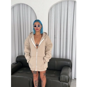 Oversize Tam Fermuarlı Uzun Kol Hırka - Bej