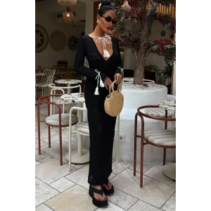 Püskül Bağcık Detaylı V Yaka Ajurlu Elbise 2850