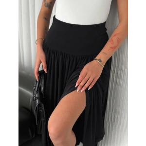Sandy Uzun Beli Lastikli Yüksel Bel Etek Yazlık - Siyah