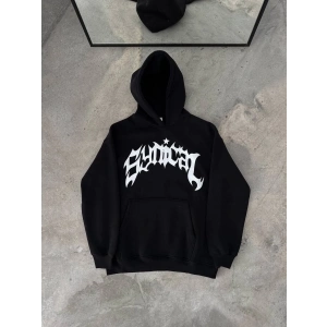 Üç İplik Kapüşonlu Baskılı Oversize SweatShirt- Siyah