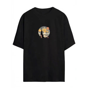 Unisex Baskılı Oversize T-Shirt - Siyah