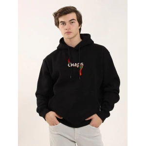 Unisex Baskılı Oversize Üç İplik Kapüşonlu Sweatshirt - Siyah