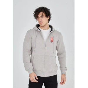 Unisex Baskılı Tam Fermuarlı Kapşonlu SweatShirt - Boyalı Gri