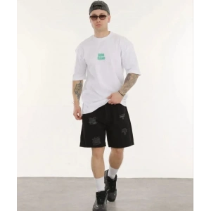 Unisex Bisiklet Yaka Baskılı Oversize T-Shirt - Beyaz