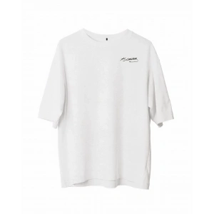 Unisex Bisiklet Yaka Baskılı Oversize T-Shirt - Beyaz